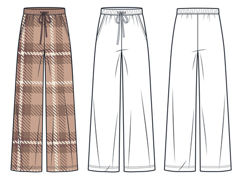 Wide leg Pants fashion flat technical drawing template, plaid design. Jogger Pants technical fashion illustration, pockets, front and back view, white,mocha, women, men, unisex CAD mockup set.