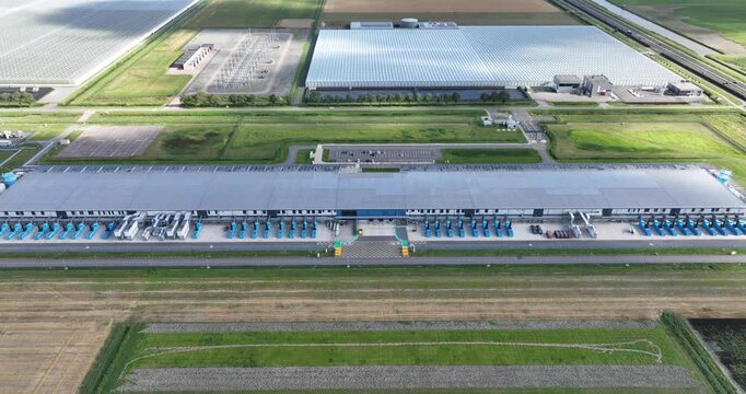 Aerial footage of the Datacenter buildings on Agriport A7 in Middenmeer, North Holland, Netherlands