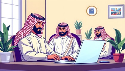 A Saudi character sites at the desk using laptop with different positions on withe background