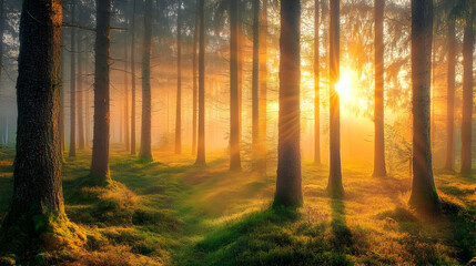 Naklejka premium Sunrise in a Misty Forest: A Peaceful Landscape