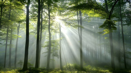 Obraz premium Sunbeams in a Misty Forest: A Magical Landscape