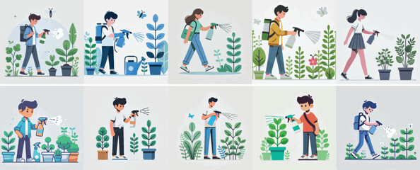 vector set of a teenager spraying plants with a simple flat design style