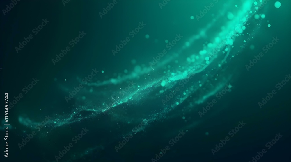 Poster An abstract background with flowing, curved lines of light green and teal against a darker teal or blue backdrop, creating a sense of movement and depth.