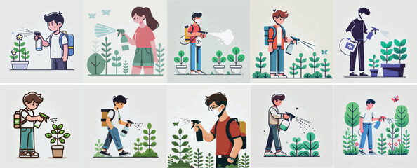 vector set of a teenager spraying plants with a simple flat design style