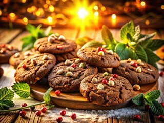 Fototapeta premium A festive landscape of peppermint chocolate chip cookies, capturing holiday baking's winter sweetness.