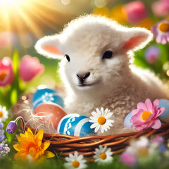 Young Lamb Standing in a Colorful Field of Flowers