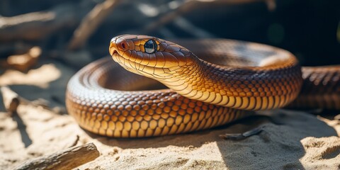 Fototapeta premium Eastern Brown Snake in a captivating posture showcases its distinctive features. The Eastern Brown Snake is known for its striking appearance and unique behavior, making it a fascinating subject.