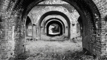 Circular tunnel architecture leading to a scenic outdoor landscape