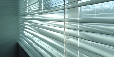A detailed view of window blinds lets sunlight filter through, casting shadows. This scene serves as an inspiration for interior design ideas and concepts.