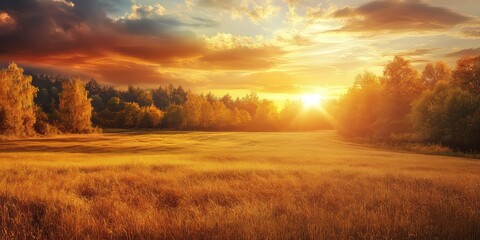 Stunning field landscape featuring a golden forest illuminated by a mesmerizing sunset, capturing the essence of beauty in nature s serene landscape at dusk.