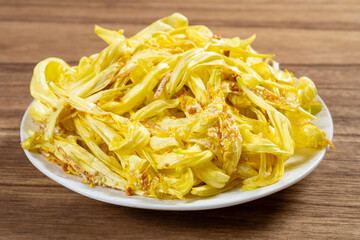 angle view dish of chrysanthemum sashimi delicacy