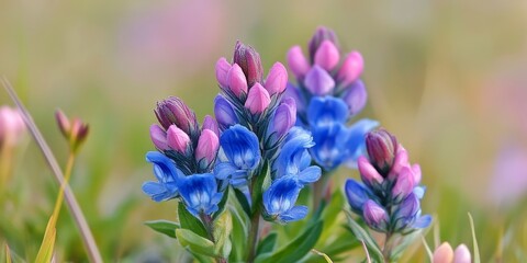 Common milkwort Polygala vulgaris showcases its stunning blue and pink flowers. This plant, belonging to the Polygalaceae family, represents a typical species found in calcareous grassland meadows.