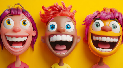 Cartoon emotions with funny faces with big eyes and laughter. Vector emoticons on yellow background