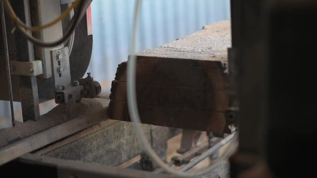 Closeup footage of milling slabs wood in a wood mill in Canada during daytime