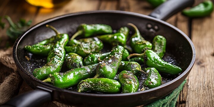 Delicious Spanish padron peppers seasoned with salt and olive oil, sizzling in a frying pan placed on a rustic wooden table, highlighting the vibrant flavors of Spanish padron peppers.