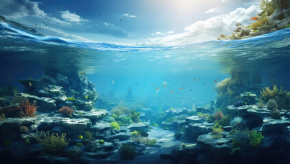 A captivating half underwater view showcases a vibrant coral reef while majestic mountains rise gracefully in the background