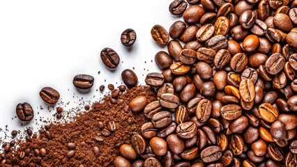 Naklejka premium Arranged alphabetically, coffee beans and powder contrast sharply against a white background, composing a rule-of-thirds image.