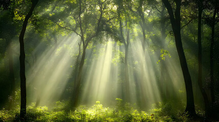 Fototapeta premium Sunbeams in the Forest: A Magical Landscape
