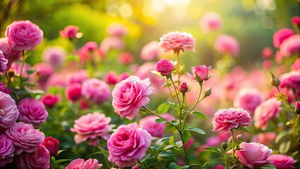 A tilt-shift miniature of a fairytale pink rose garden in full bloom, captured in close-up detail.