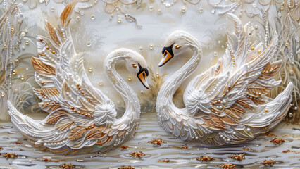 Two elegant swans with sparkling feathers in a serene, pearl-decorated water scene