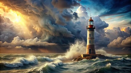 Lighthouse standing strong amidst a dramatic ocean storm, showcasing resilience and hope during turbulent times