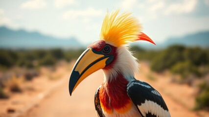 Fototapeta premium Hornbill in Kruger National Park, South Africa - AI Photo, Wildlife, Nature, Bird, Scenic, Landscape, Bright, Sharp, Colorful, Depth, Mood, Lighting, Atmosphere, Style, Quality, Professional