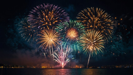 Colorful firework with bokeh background. New Year celebration, Abstract holiday background