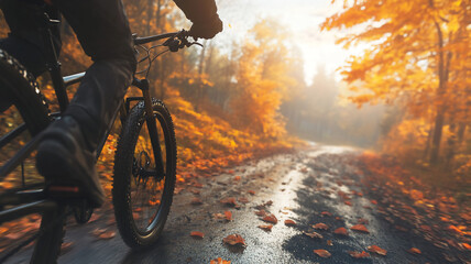 Obraz premium riding a mountainbike during fall in the road during sunrise with a profile angle 