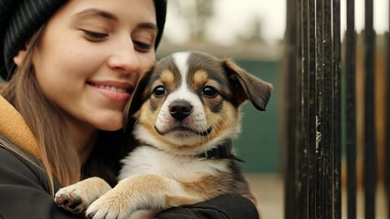 Young volunteer holding a small puppy in a dog shelter, pic - Powered by Adobe