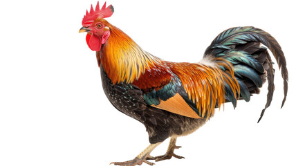 Fototapeta premium Vibrant rooster showcasing stunning colors in the early morning light