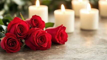Beautiful red roses elegantly arranged with soft glowing candles, perfect for romantic settings.
