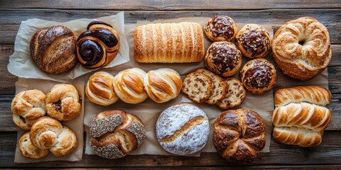 Assorted buns, loaves, biscuits, and bagels artfully arranged on a rustic wooden table, showcasing a delightful variety of baked goods including buns, loaves, biscuits, and bagels.