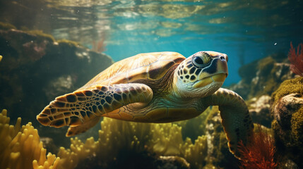 Obraz premium A majestic sea turtle is gracefully swimming through the vast ocean, close to a vibrant and colorful coral reef in its natural habitat
