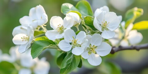 Obraz premium Closeup of a blooming white apple flowers branch showcasing delicate petals and vibrant growth, highlighting the beauty of apple flowers in full bloom, perfect for nature enthusiasts.