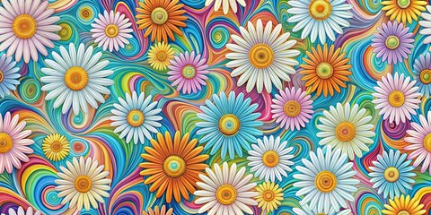 Vibrant Daisy Floral Design on Swirling Rainbow Background
