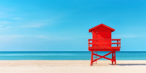 Bright red lifeguard rescue tower standing on the beach, complemented by a clear blue sky. The lifeguard rescue tower adds a vibrant element to the serene beach scenery, perfect for safety and