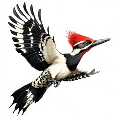 a woodpecker in flight against a white background