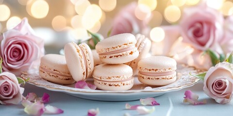 Delicious macaroons elegantly arranged on a table, complemented by beautiful roses, create a charming and delightful scene featuring tasty macaroons for all to enjoy.