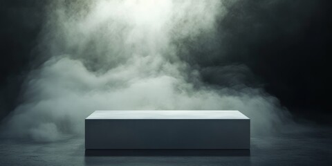 Mysterious atmosphere created by smoke enveloping a white podium table in a dark setting, enhancing the focus on the white podium table s captivating presence.
