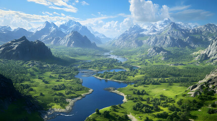 Majestic Mountain River Valley Landscape: Breathtaking Scenery and Tranquil Nature