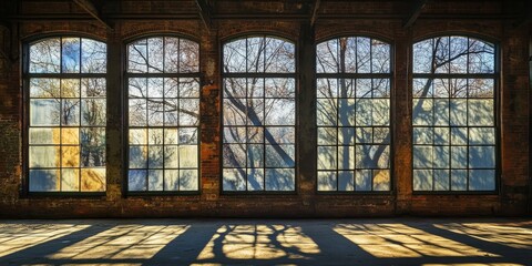 Windows of a historic warehouse beautifully capture the intricate shadows created by nearby trees, showcasing the interplay of light and shadow through these striking windows.