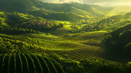 Sunlit Tuscan Vineyard Landscape: Rolling Hills and Rows of Vines