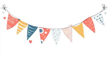 Fototapeta premium Vibrant buntings and kids garland vector illustration for children's parties and celebrations, colorful festive decoration design on white background