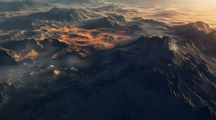 Majestic Mountain Landscape at Sunset: Aerial View of Rugged Terrain