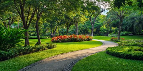 Fototapeta premium Serene scene at a park showcasing lush greenery, inviting pathways, and tranquil vibes, perfect for enjoying nature at a park. Discover the peaceful atmosphere of this picturesque park setting.