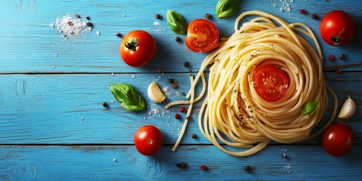 Spaghetti with tomato and garlic beautifully arranged on a blue wooden background, showcasing the delicious combination of spaghetti, tomato, and garlic for a vibrant culinary presentation.