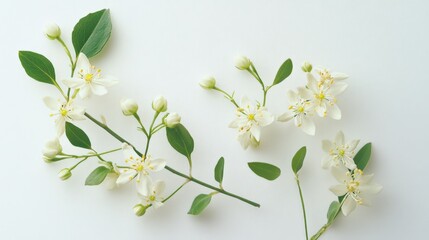 Obraz premium white flowers and green leaves on a white background