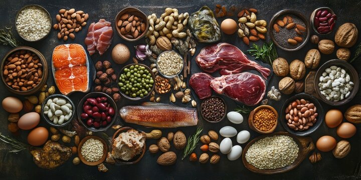 High protein food options for bodybuilders include a variety of sources such as meat, fish, dairy, eggs, buckwheat, oatmeal, nuts, beans, pumpkin seeds, and sunflower seeds--viewed from above.