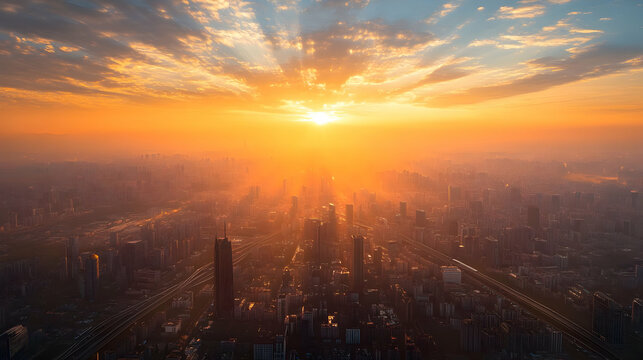 Golden Sunrise over the City: An Aerial View of Urban Landscape