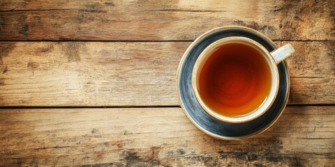 Obraz premium Bird s eye view of a cup of tea resting on a wooden table, showcasing the tea alongside its warm hues and rustic surroundings, enhancing the overall tea experience in this cozy setting.